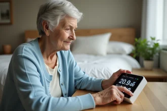 Femme senior touchant l'écran d'un calendrier électronique silencieux posé sur une table de nuit dans une chambre apaisante