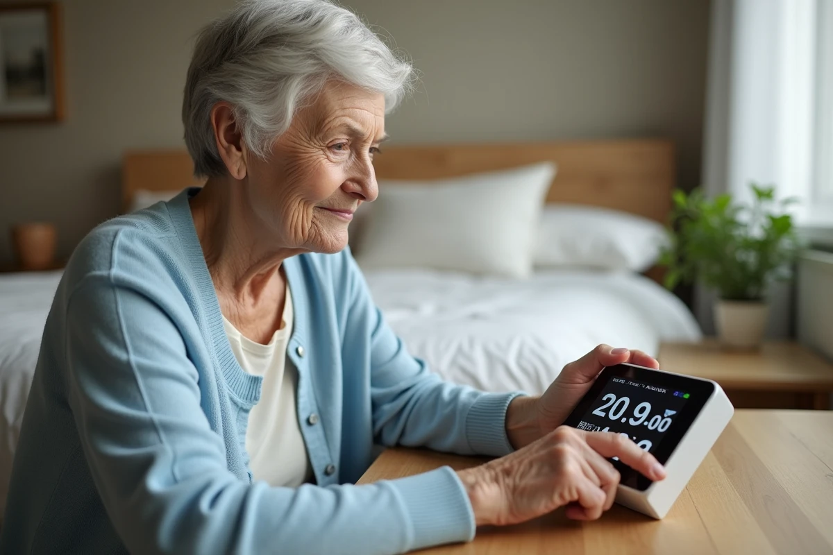 Femme senior touchant l'écran d'un calendrier électronique silencieux posé sur une table de nuit dans une chambre apaisante