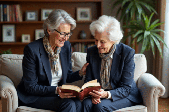 Femme senior aidant une dame âgée dans un salon chaleureux