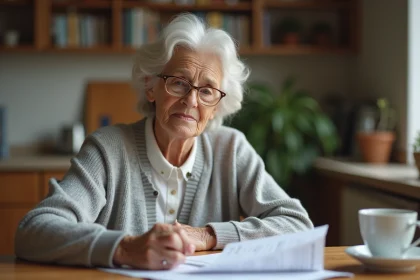 Femme senior examinant des documents administratifs sur le cumul AAH et retraite à la table de sa cuisine