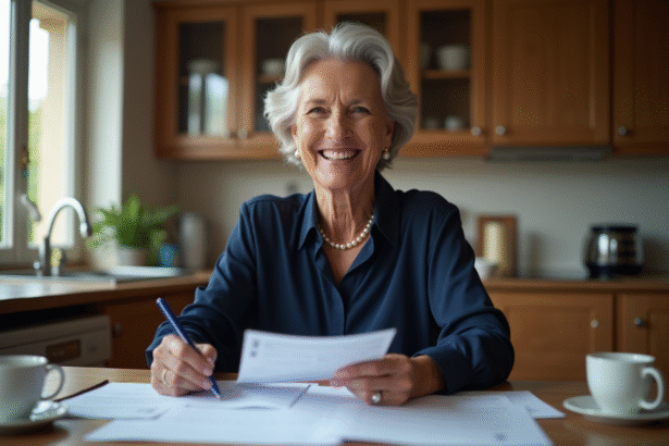Femme senior souriante examinant des documents dans la cuisine