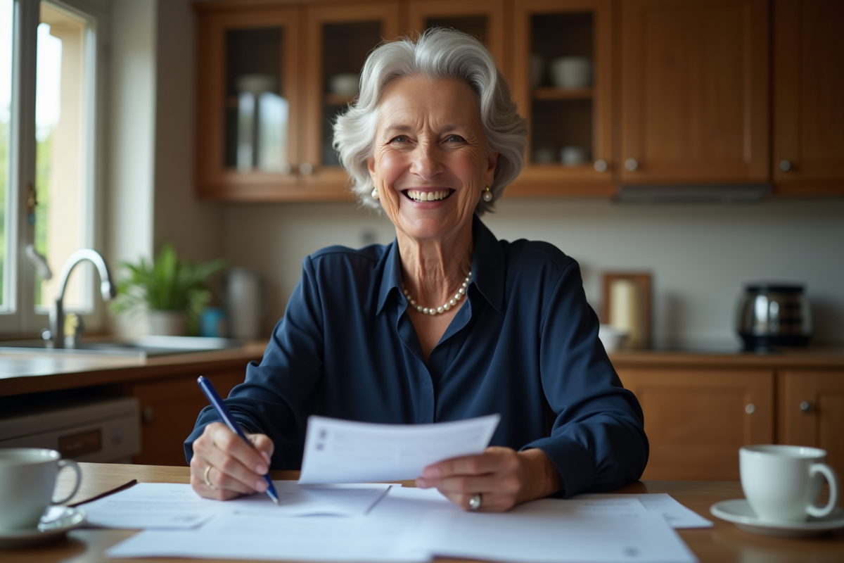 Femme senior souriante examinant des documents dans la cuisine