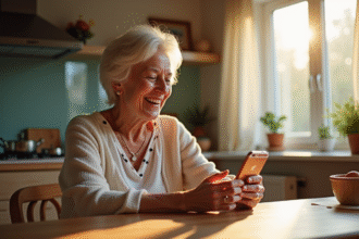 Femme senior souriante compare deux iPhone dans la cuisine