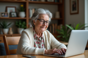 Femme âgée souriante utilisant un ordinateur portable à la maison