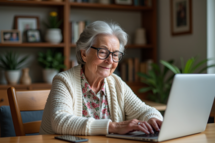 Femme âgée souriante utilisant un ordinateur portable à la maison