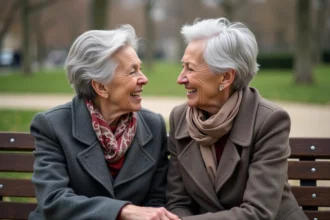 Femme senior française discutant dans un parc urbain