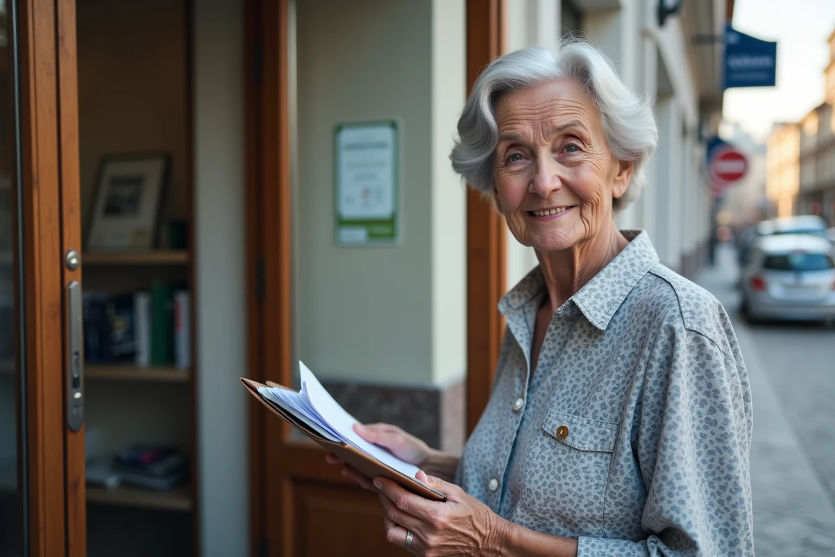 Femme senior souriante attend devant un bureau de pension