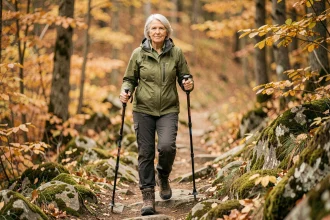Femme senior souriante en randonnée pédestre avec bâtons de marche sur un sentier forestier automnal