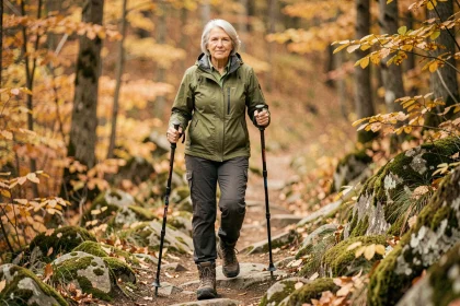 Femme senior souriante en randonnée pédestre avec bâtons de marche sur un sentier forestier automnal