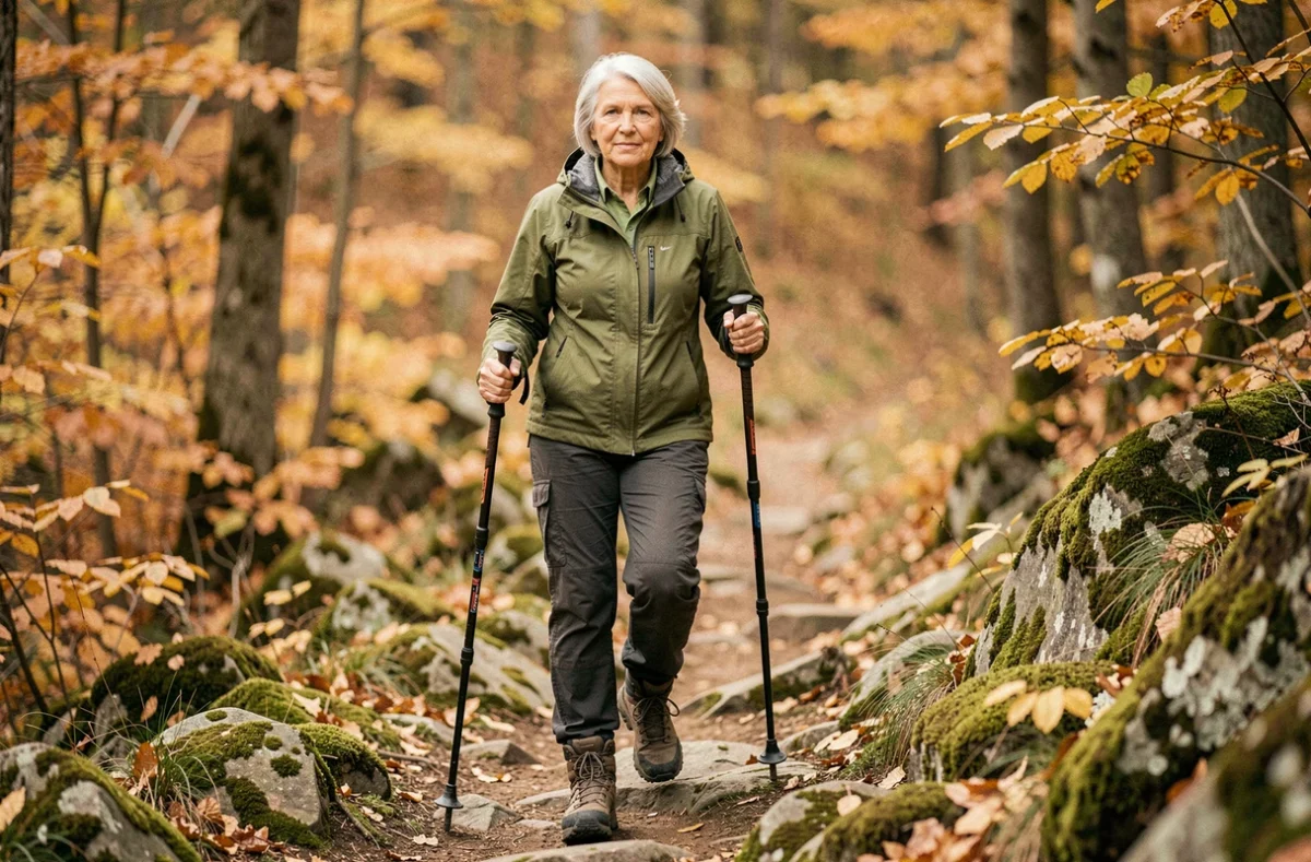 Femme senior souriante en randonnée pédestre avec bâtons de marche sur un sentier forestier automnal