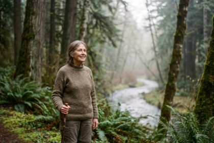 Femme senior souriante en nature lors d'une randonnée