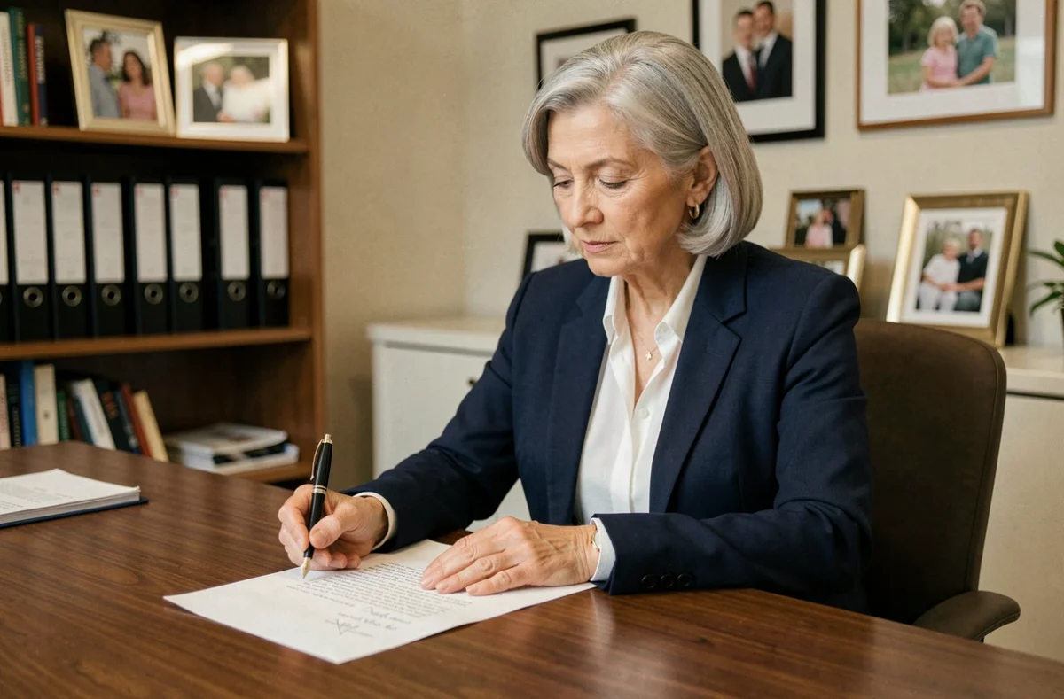 Femme senior rédigeant une lettre de départ à la retraite à son bureau à domicile