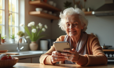 Femme senior souriante ajustant un téléphone Doro à la maison