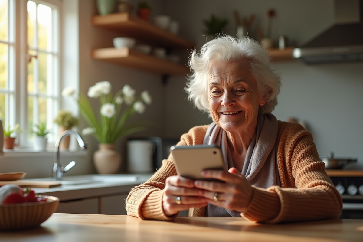 Femme senior souriante ajustant un téléphone Doro à la maison