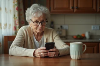 Une femme âgée assise à sa table de cuisine examine un téléphone mobile à grosses touches adapté aux seniors