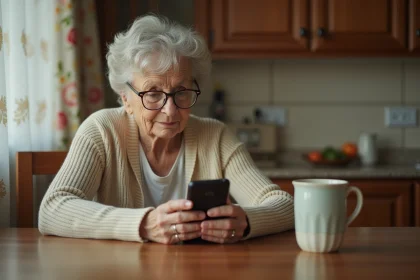 Une femme âgée assise à sa table de cuisine examine un téléphone mobile à grosses touches adapté aux seniors