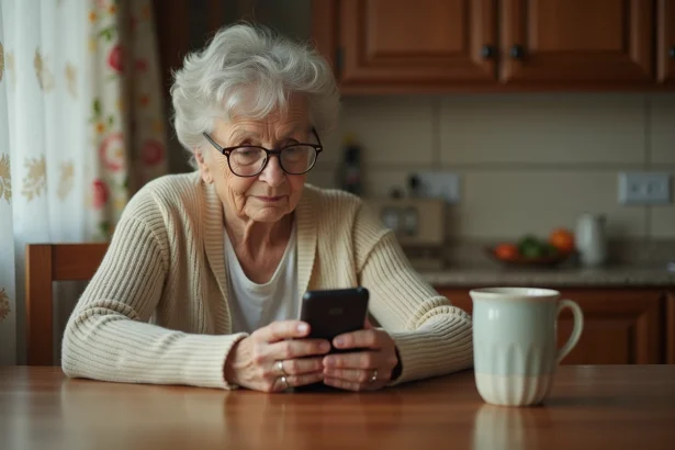 Une femme âgée assise à sa table de cuisine examine un téléphone mobile à grosses touches adapté aux seniors