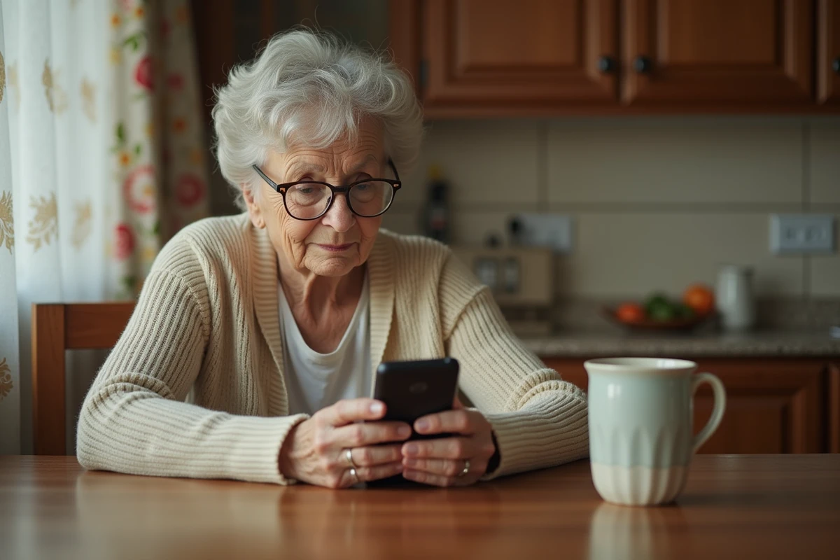 Une femme âgée assise à sa table de cuisine examine un téléphone mobile à grosses touches adapté aux seniors
