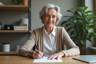 Femme signant une lettre de demission dans un bureau