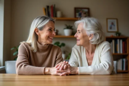 Femme d'âge moyen souriante avec sa mère dans la cuisine chaleureuse