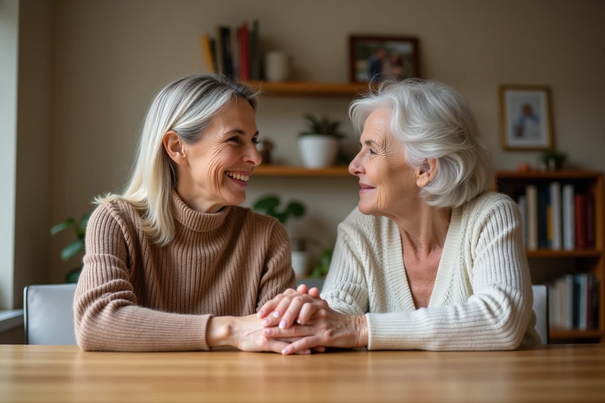 Femme d'âge moyen souriante avec sa mère dans la cuisine chaleureuse