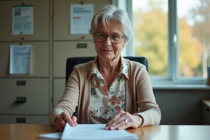 Femme d'âge moyen dans un bureau gouvernemental lisant des papiers