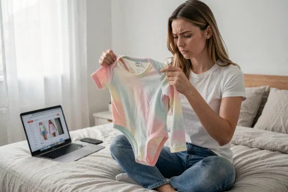 Femme adulte tenant un babygro adulte en polaire pastel contre elle, vérifiant l'étiquette de taille lors d'un achat en ligne depuis son lit