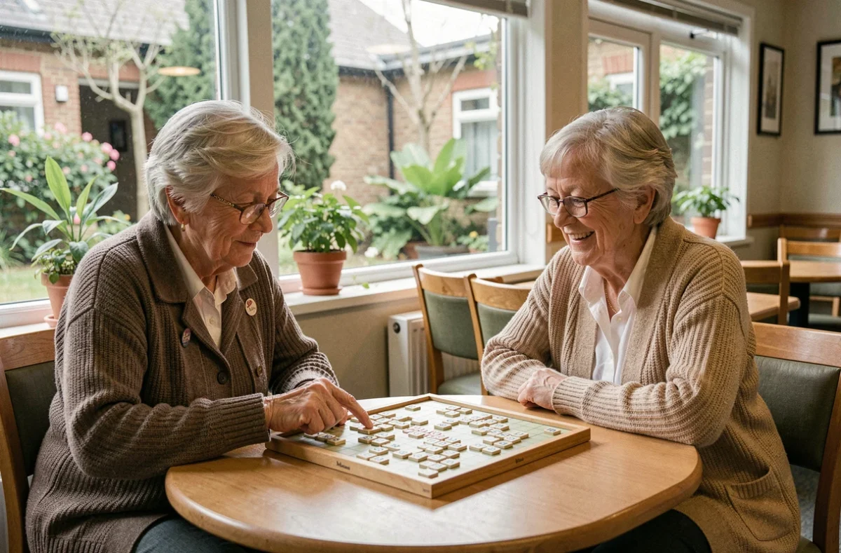 Deux femmes âgées jouant au Scrabble dans un centre de loisirs pour seniors, favorisant le lien social