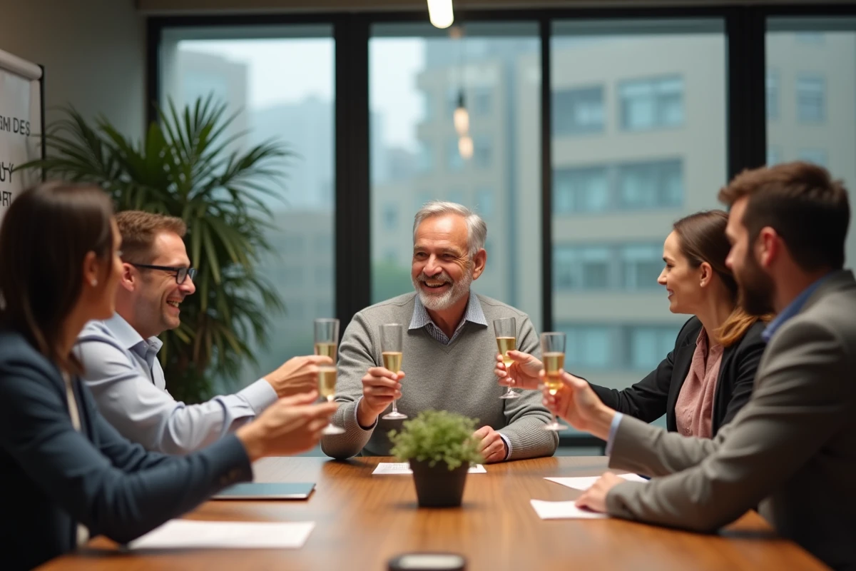 Collègues portant un toast lors d'une fête de départ en retraite autour d'une table de réunion