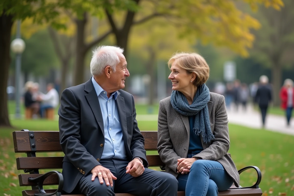 Fille et père discutent dans un parc ensoleille avec autres seniors