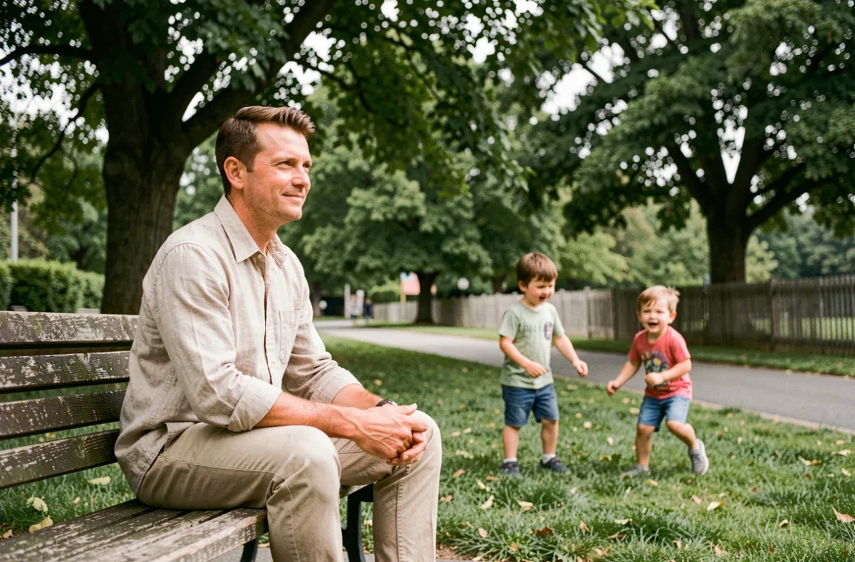Garde d'enfants masculin professionnel surveillant des enfants dans un parc en toute sérénité, illustrant les garanties et la fiabilité d'une aide à domicile qualifiée