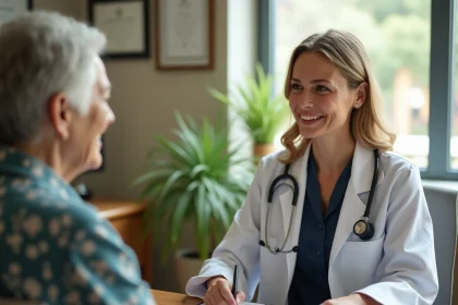 Médecin gériatre en consultation avec une patiente âgée pour évaluer le score IADL à domicile