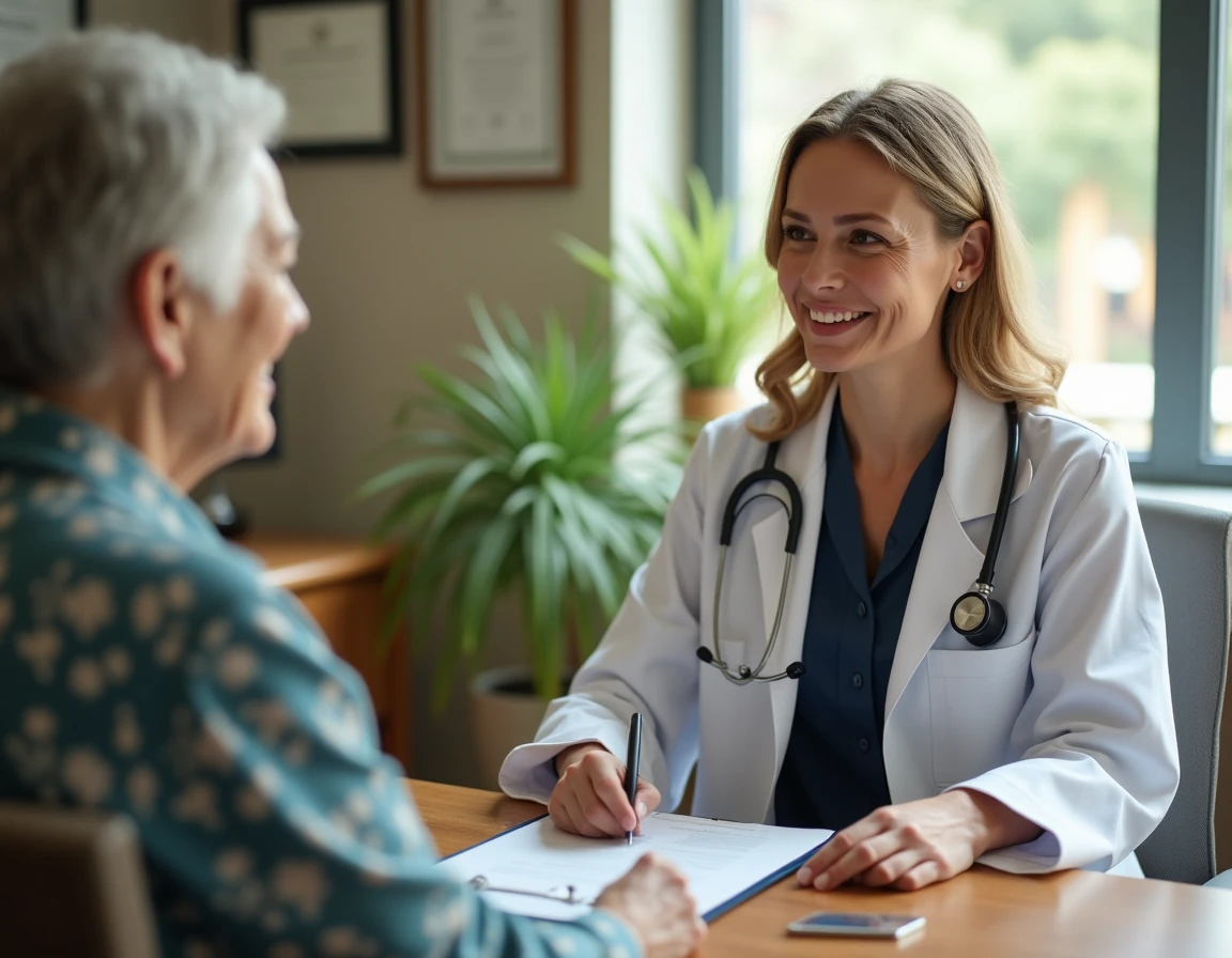 Médecin gériatre en consultation avec une patiente âgée pour évaluer le score IADL à domicile