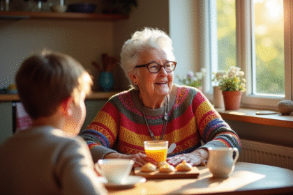 Grand-mère belge souriante avec petits-enfants à la table