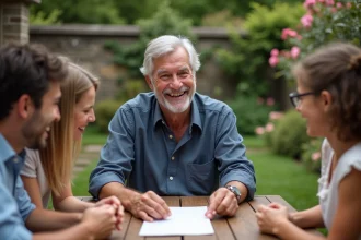 Grand-père de 70 ans entouré de ses petits-enfants dans un jardin pour son anniversaire
