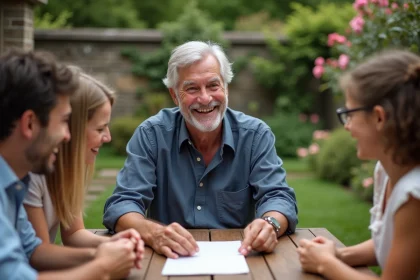Grand-père de 70 ans entouré de ses petits-enfants dans un jardin pour son anniversaire