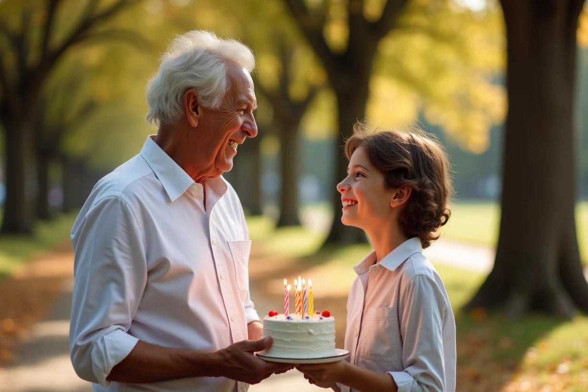 Grand-père soufflant les bougies de son gâteau d'anniversaire 70 ans dans un parc en automne