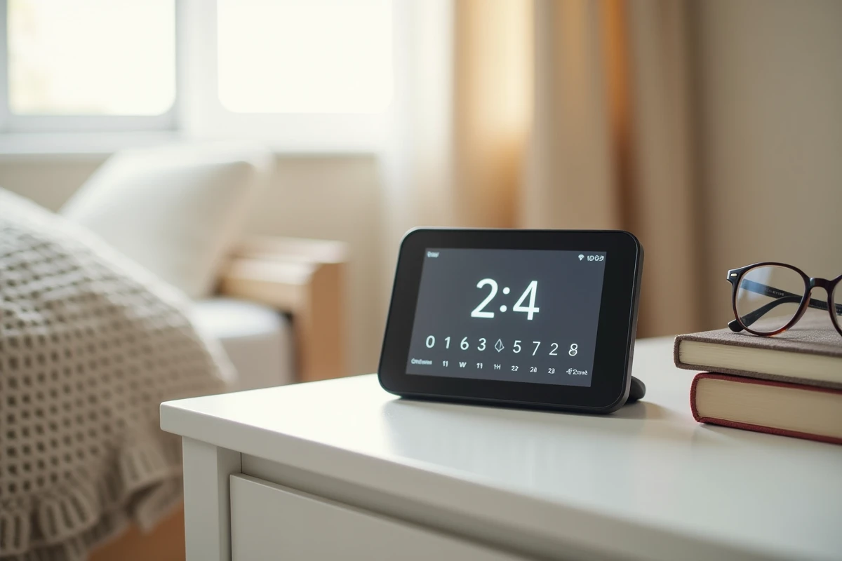 Gros plan sur un calendrier électronique silencieux posé sur une table de nuit avec lunettes et livre, ambiance chambre sereine