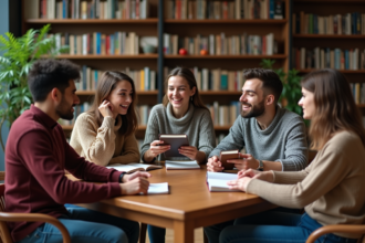 Groupe de lecteurs discutant dans une bibliothèque chaleureuse