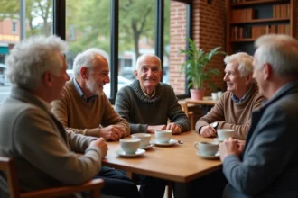 Groupe de seniors discutant dans un café chaleureux