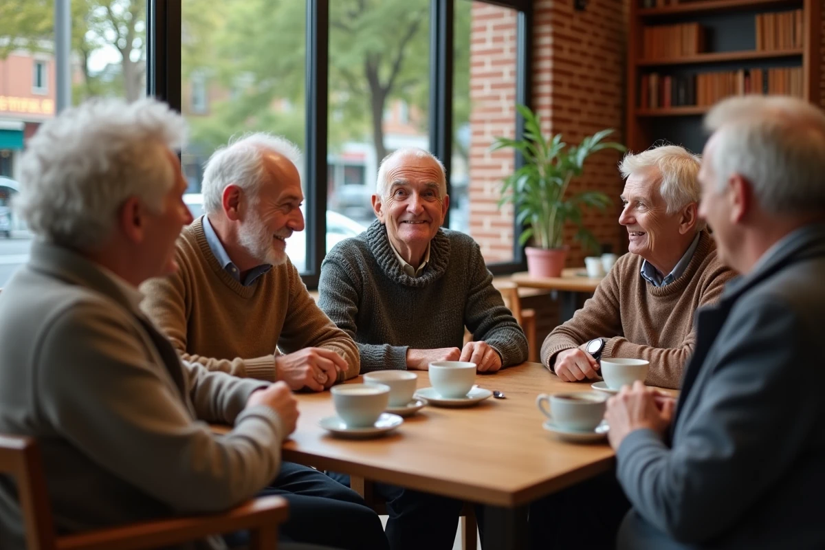 Groupe de seniors discutant dans un café chaleureux