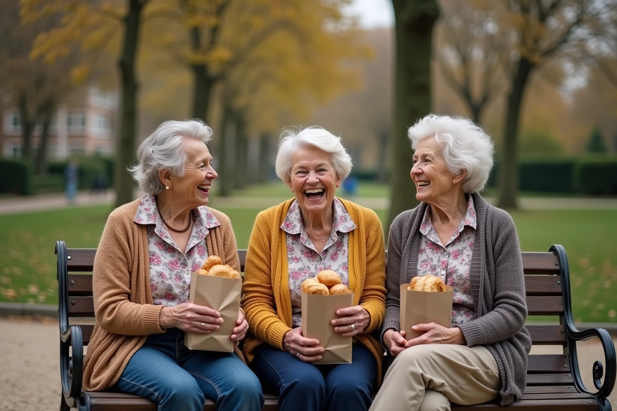 Trois femmes âgées partagent un moment de convivialité dans un parc de Lille, illustrant le maintien du lien social entre seniors grâce à Gestea Senior
