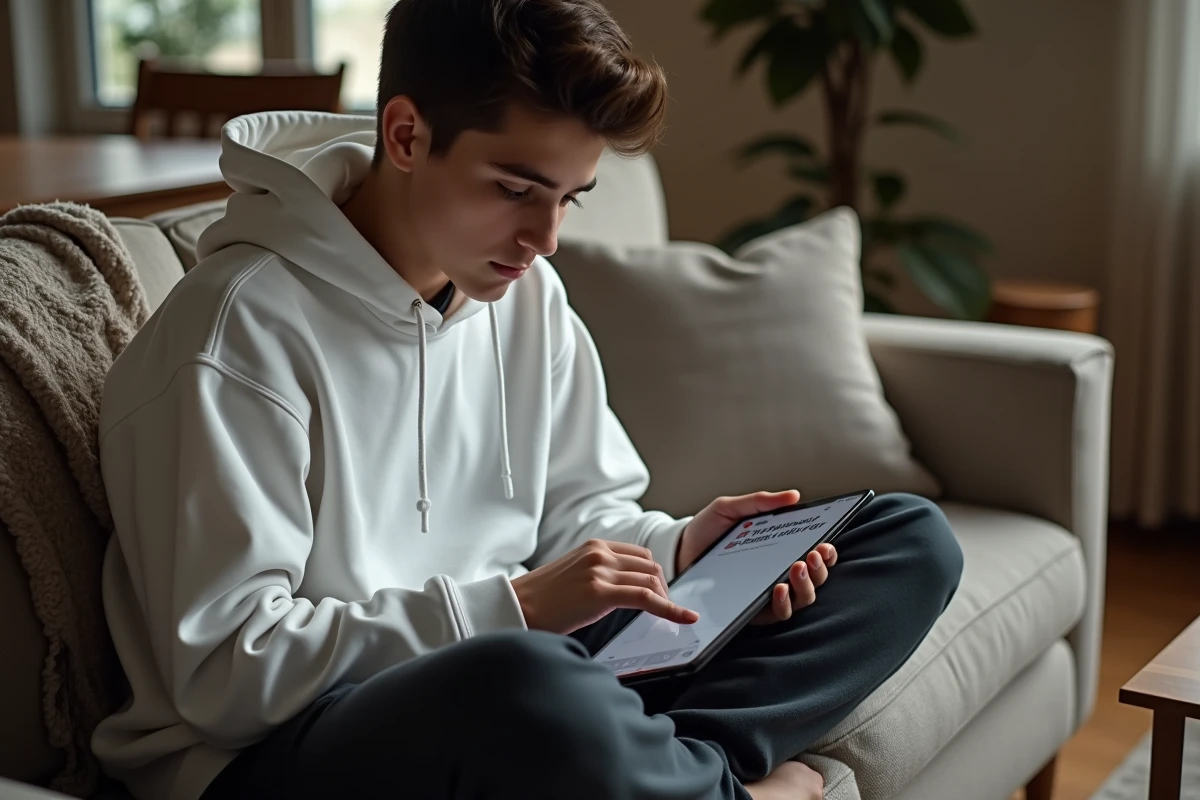 Adolescent consultant le guide de réglages de Mon Proxima sur une tablette posée sur ses genoux dans un salon