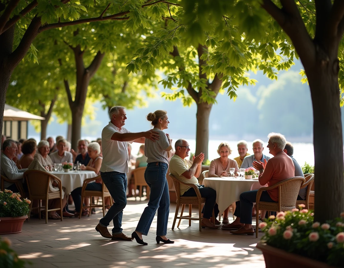 Groupe d'adultes de plus de 50 ans profitant d'une guinguette en plein air au bord du Rhône à Lyon pendant une après-midi dansante