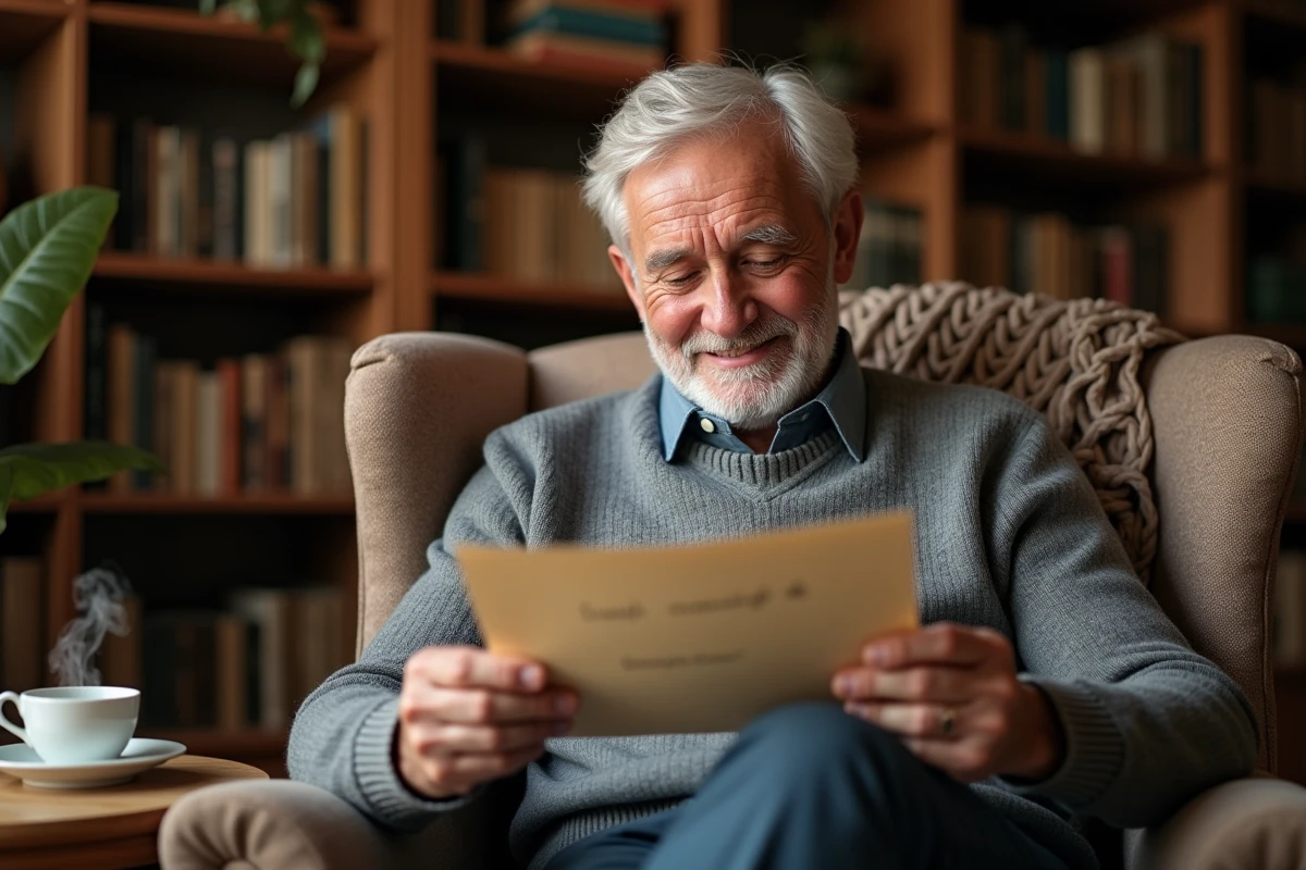 Homme de 70 ans lisant une lettre d'anniversaire touchante dans un fauteuil confortable