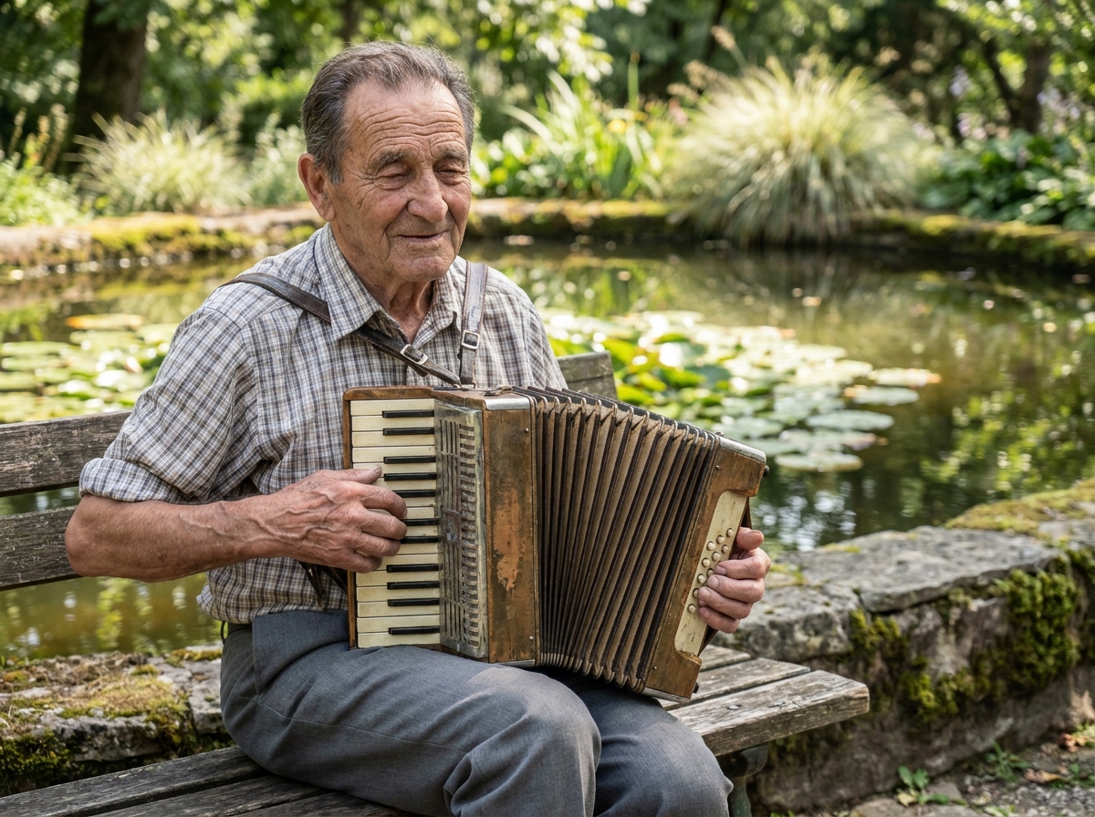 Un homme âgé joue de l'accordéon seul près d'un bassin de jardin dans une atmosphère paisible et intimiste