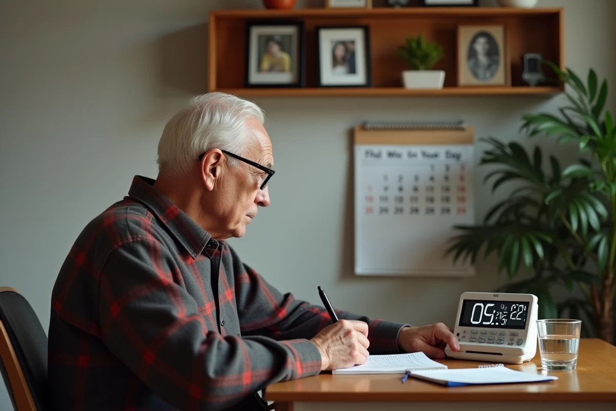 Homme âgé consultant un grand calendrier électronique mural dans un salon calme et bien rangé