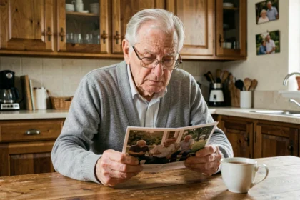 Homme âgé tenant une photo ancienne avec une expression de confusion légère, signe possible de sénilité précoce