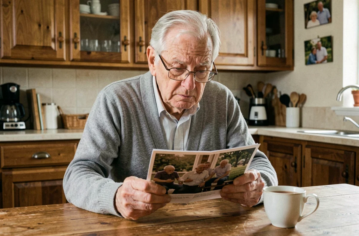 Homme âgé tenant une photo ancienne avec une expression de confusion légère, signe possible de sénilité précoce