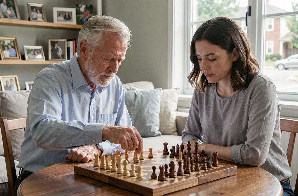 Un homme âgé jouant aux échecs avec une femme plus jeune dans un salon, illustrant la transmission intergénérationnelle par le jeu